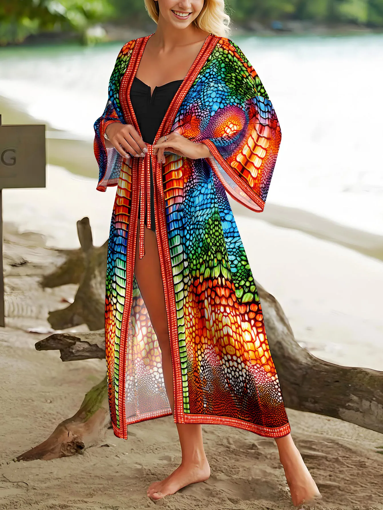 

Exotic Snake Print Kimono Cover Up, Bohemian Tie-Waist Long Robe, Sexy Poolside Vacation Resort Wear for Women