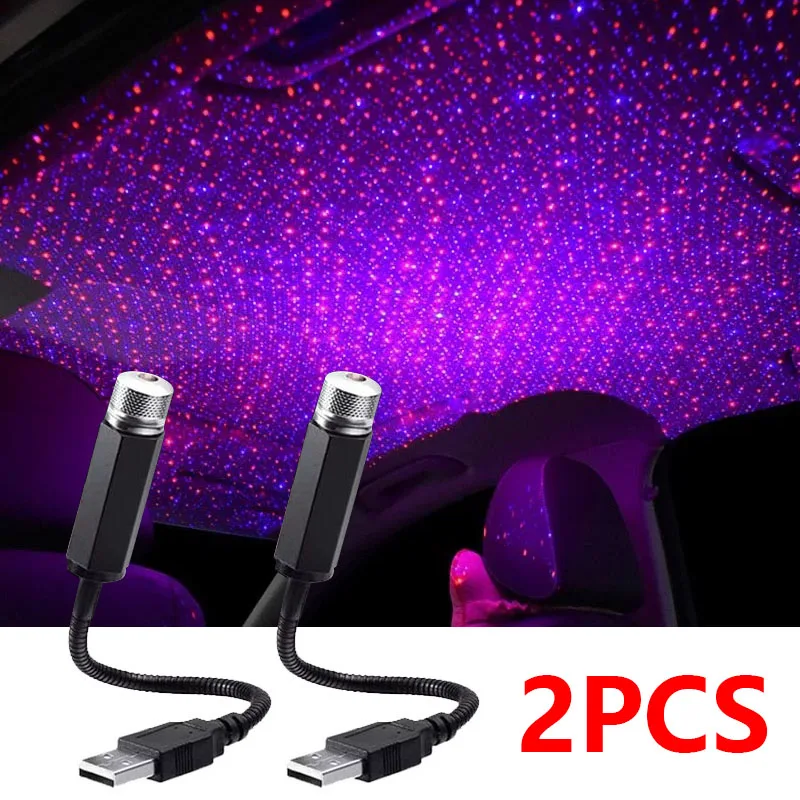 2Pcs Mini LED Car Roof Star Night Lights Interior Ambient Starry Sky Projector Light Auto Roof Room Ceiling USB Atmosphere Lamp