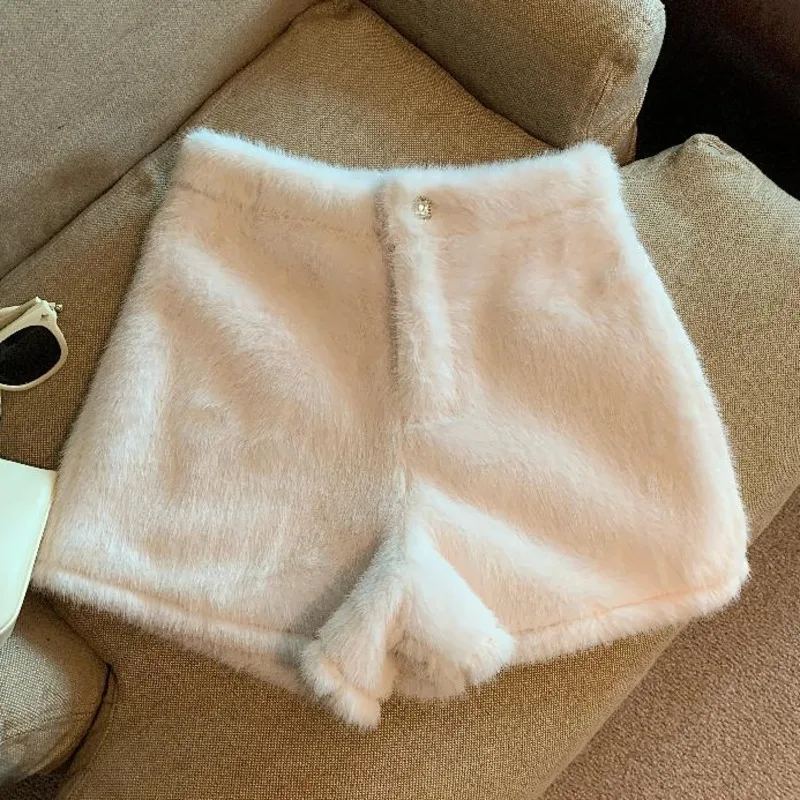 Bianco visone finto velluto corto donna 2024 autunno inverno addensato caldo peluche tuta sportiva pantaloni a vita alta casual pantaloni a gamba larga
