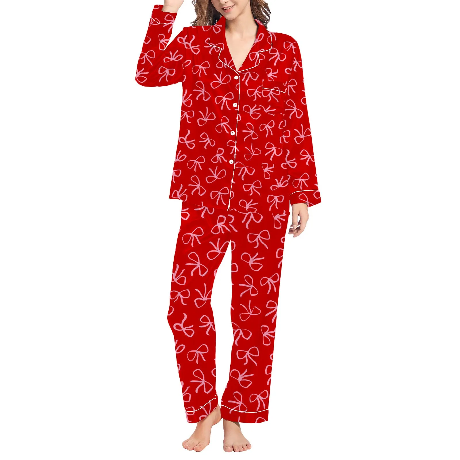 Spring 2 Piece Pijama Set Women'S Home Leisure Valentine's Day Bow Love Print Loose Imitation Color Ding Pajama Sleepy Pants Set