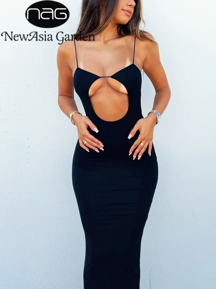 

NewAsia Sexy Black Dress Hollow Out V Neck Low Cut Spaghetti Strap High Waist Backless Midi Robes Fashion Summer Vestidos Women