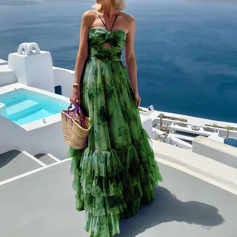 Vestido largo de cintura sin mangas con cuello colgante y temperamento elegante, vestido Sexy con hombros descubiertos para vacaciones, vestido Halter de dopamina, vestido de pastel Bohe Lrs