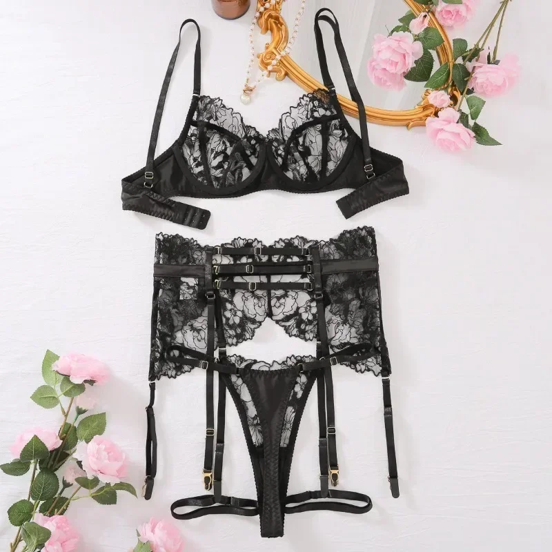 CHUANGERM Sexy Black Lace Lingerie Transparent Embroidery 4-Piece Garters Cut Out Fancy Underwear Sensual Intimate Set Kit