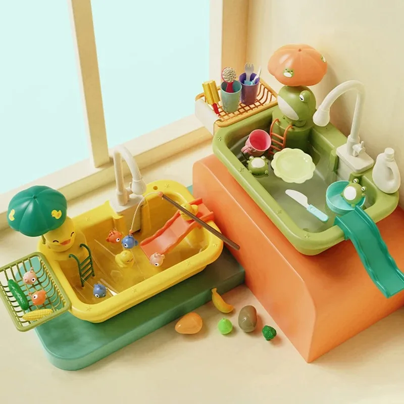 Kids Kitchen Sink Toys Electric Dishwasher Playing Toy With Running Water Pretend Play Food Fishing Toy Role Playing Girls Gift