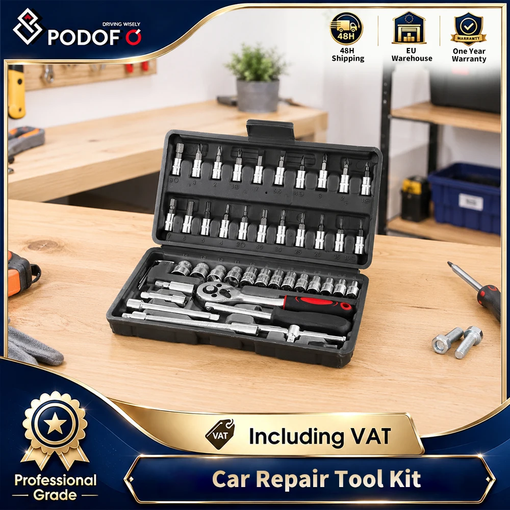 Podofo – Kit d'outils de réparation automobile professionnel 46 pièces : Clé à cliquet, clé à fourche, tournevis pour le travail des métaux, douilles 1/4 pouce, tournevis à cliquet