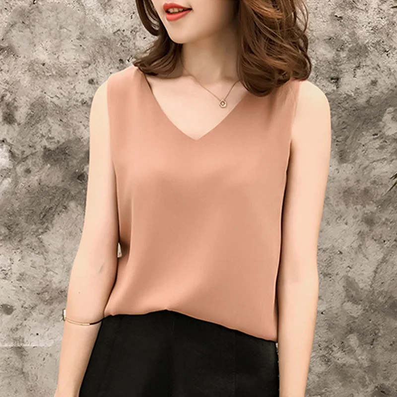 New Women Tops and Blouses Chiffon Women\'s Shirt Summer Sexy Sleeveless Shirt Woman Fashion V Neck Ladies Clothing 0376