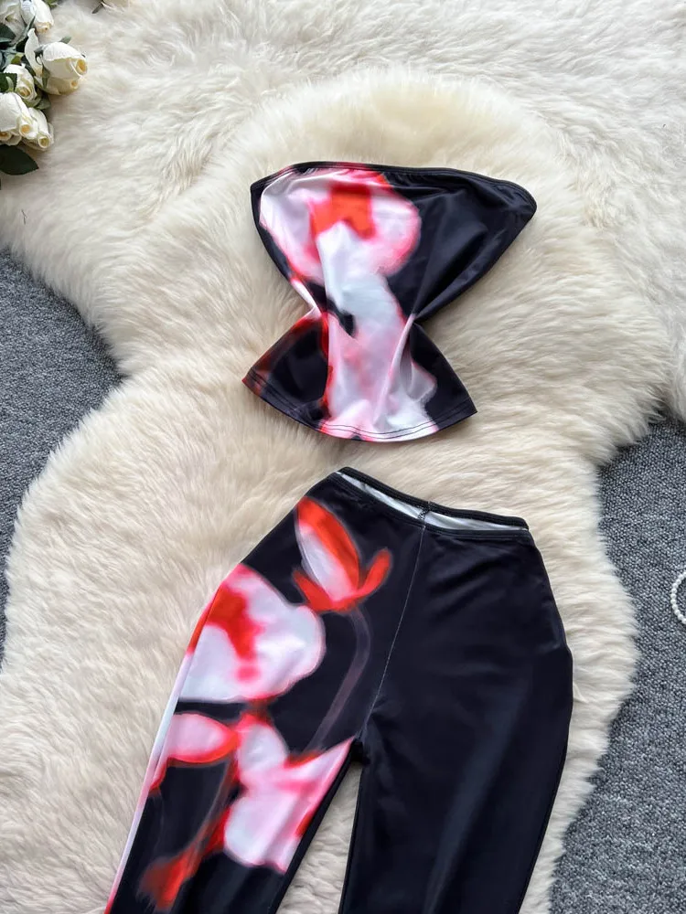 

Сексуальный летний наряд, женский укороченный топ с высокой талией и расклешенные брюки, облегающие брюки-бандо с принтом и микро-клеш