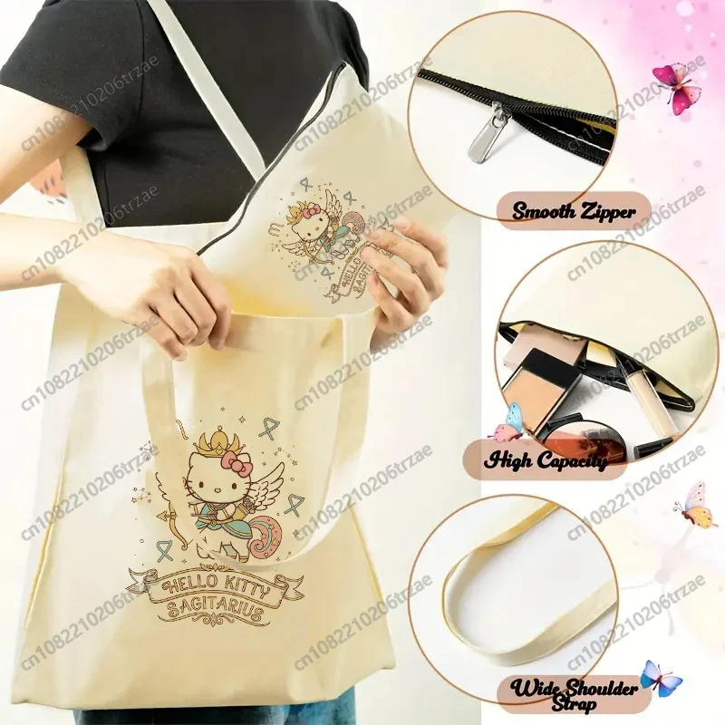 

Набор сумок Hello Kitty с изображением 12 знаков зодиака, косметичка, холщовая сумка-тоут с мультяшным принтом, повседневная дорожная сумка для шопинга