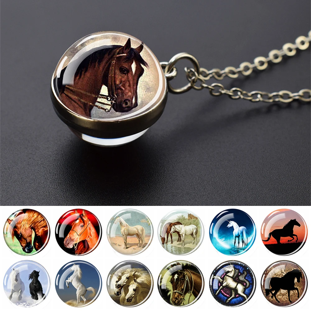 Horse Pendants Necklaces for Women Men Horse Picture Double Side Glass Ball Pendant Animal Fashion Jewelry Gifts