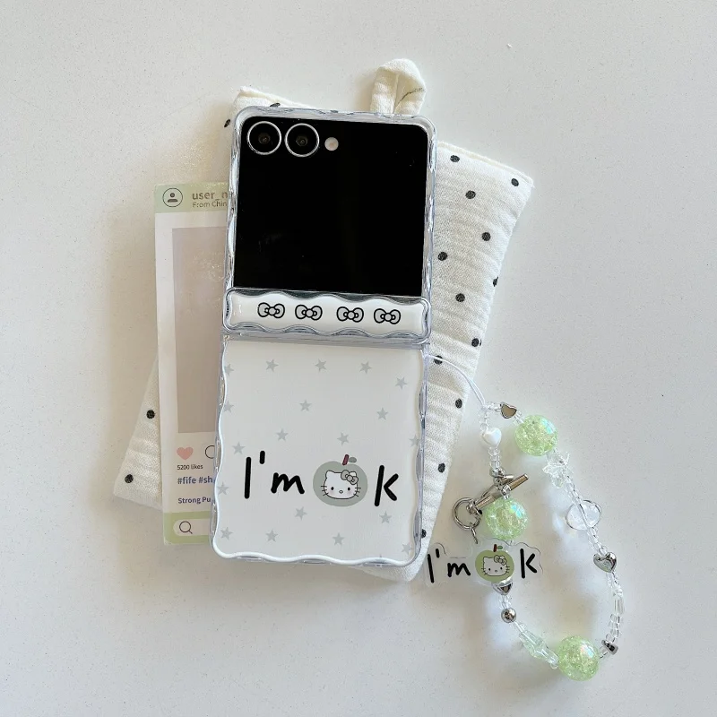 Cute Cartoon Green Stars Green Apple Hello Kitty Phone Case for Samsung Galaxy ZFlip7/6/5 with Lanyard Shockproof