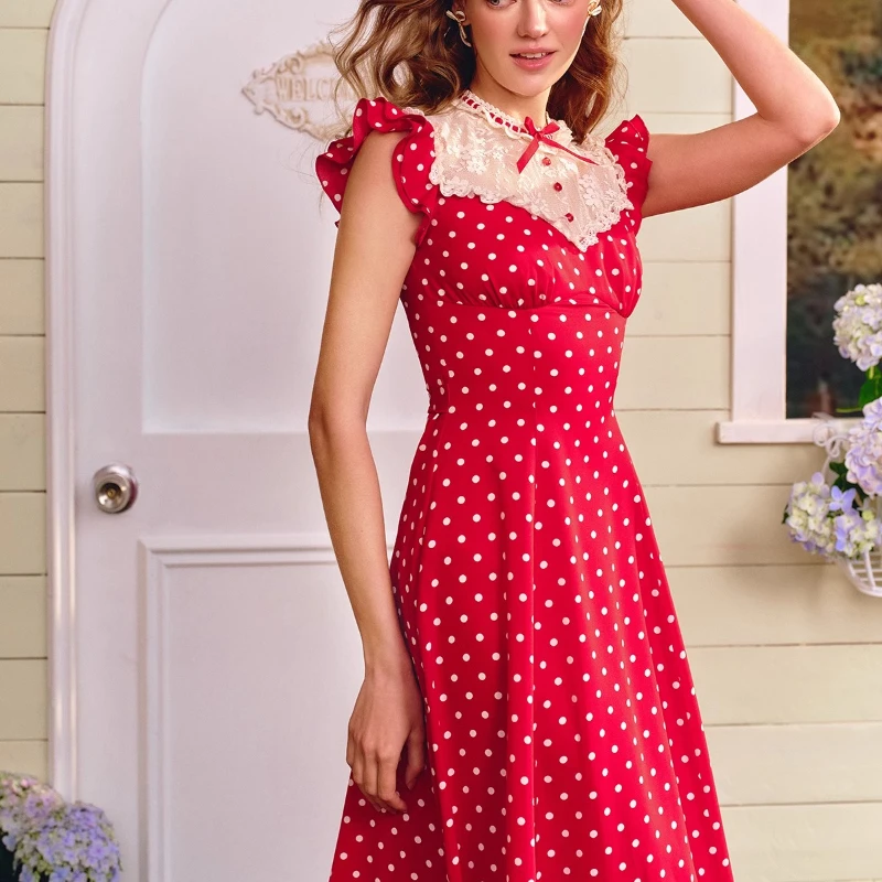 Francuska Słodka Sukienka Damska Długa w Czerwony Wzór w Kropki z Koronką, Oryginalna Nowość Lato 2025, Kokarda, Urocza, Odmładzająca Krótka Sukienka Damska
