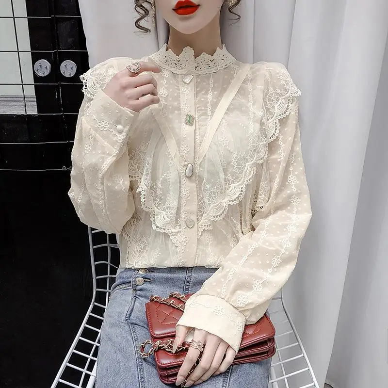 Stand Collar Lace Bottoming Shirt Feminine Fashionable and Versatile Chiffon Top