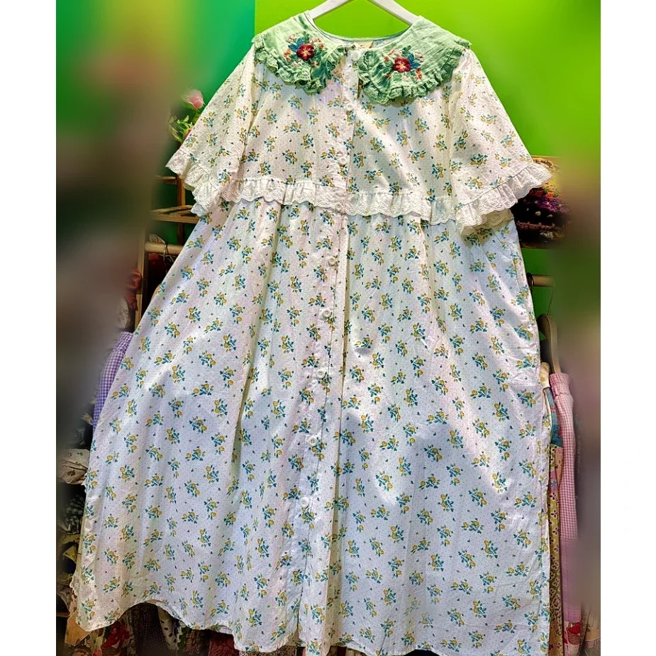 Cotton Patchwork Lace Summer Tunic Long Dress for Women 2025 Vintage Cottage Core Mori Girl Lolita Sweet Kawaii Green Midi Dress