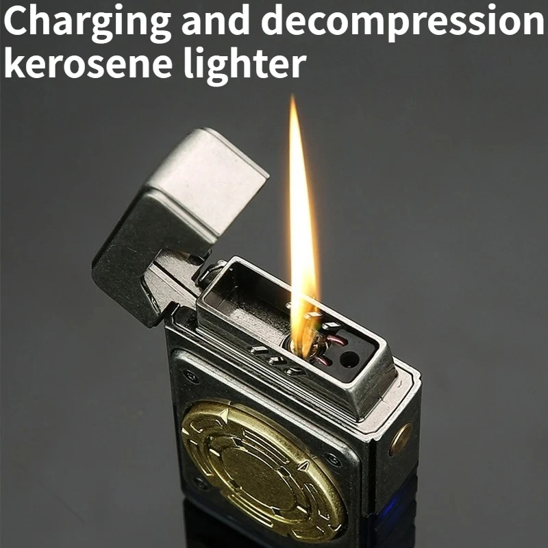 

Creative Hybrid Oil Electric Decompression Metal Open Flame Lighter with Ambient Light Cigarette Accessorie Gift