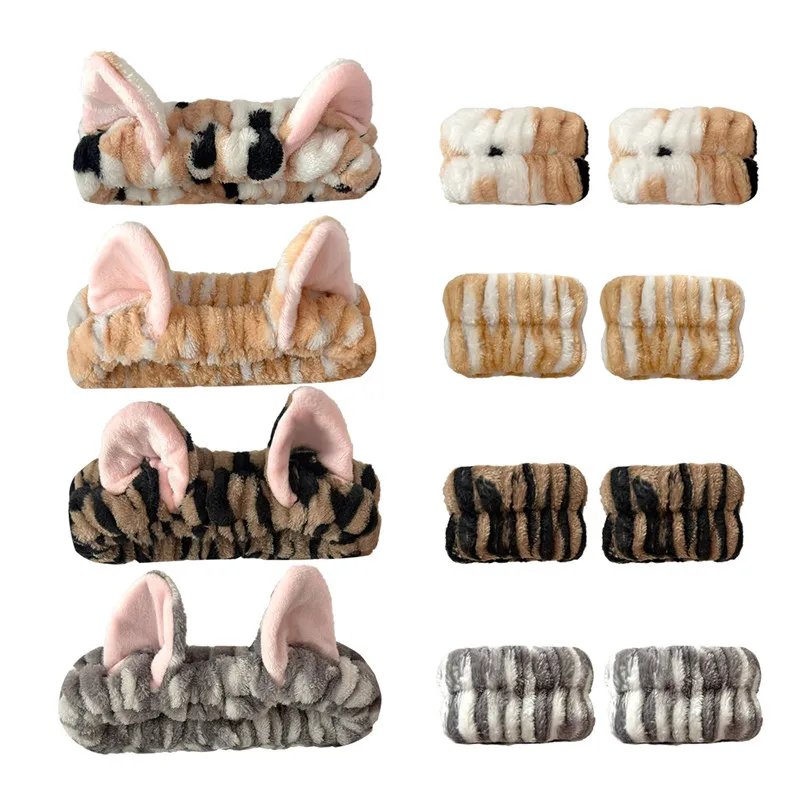 3pcs/set Cute Cat Ear Leopard Print Plush Headband For Women Girls Spa Washing Face and Makeup Headband Elastic Wrist Strap