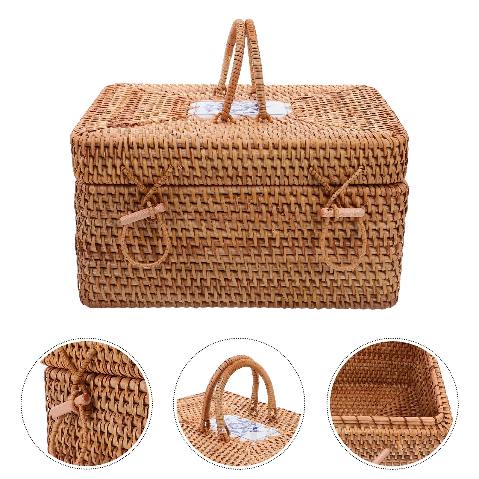 

Handwoven Rattan Picnic Basket Large Rustic Storage Box Lid Handle Outdoor Camping Snack Fruit Vegetable Organizer