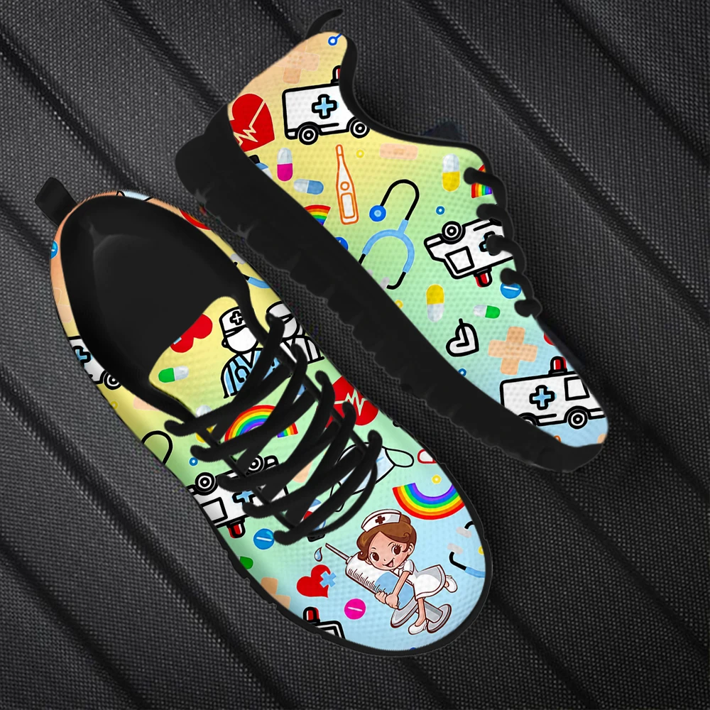 INSTANTARTS Women's Hospital Work Nurse Shoes Comfortable Casual Sneakers Cartoon Nurse Girls ECG Medical Print Femal Flats 2023