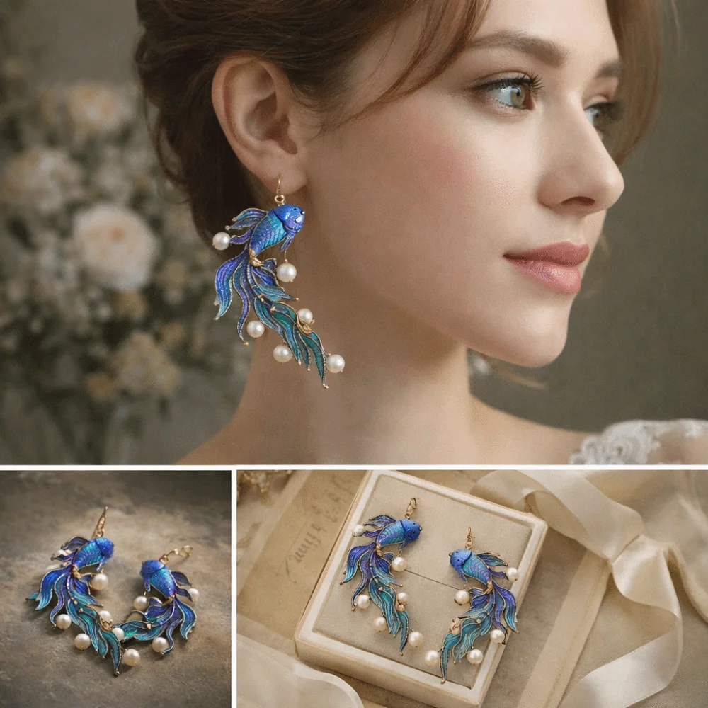Vintage Style Koi Fish-shaped Earrings Unique Design Ethnic Style Imitation Pearl Earrings Colored Fish Special Design