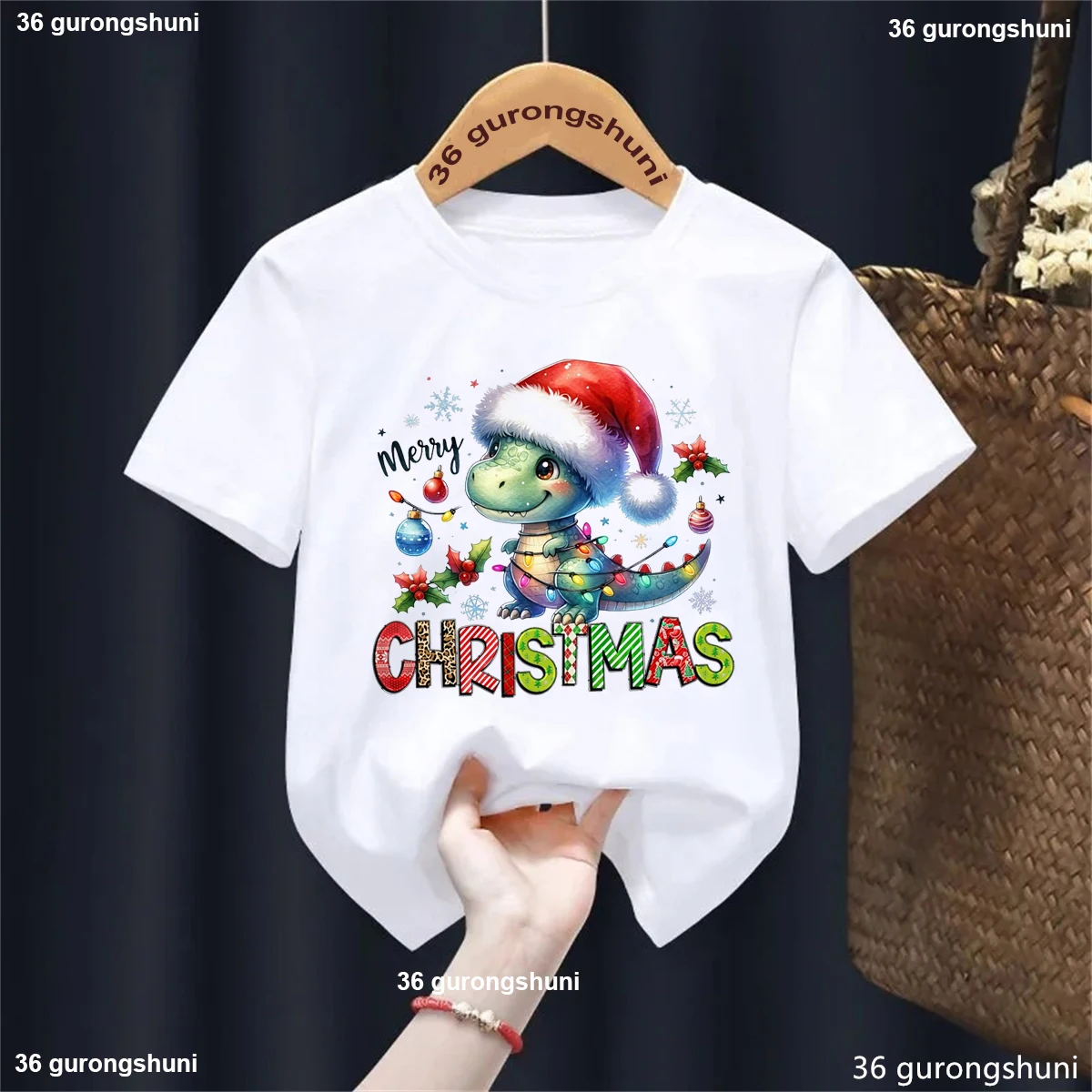 

Funny Kawaii Kids Clothes Merry Christmas Dinosaur Graphic Printed T Shirt Girls/Boys Xmas Gift Pink/Gray/White/Blue T-Shirt
