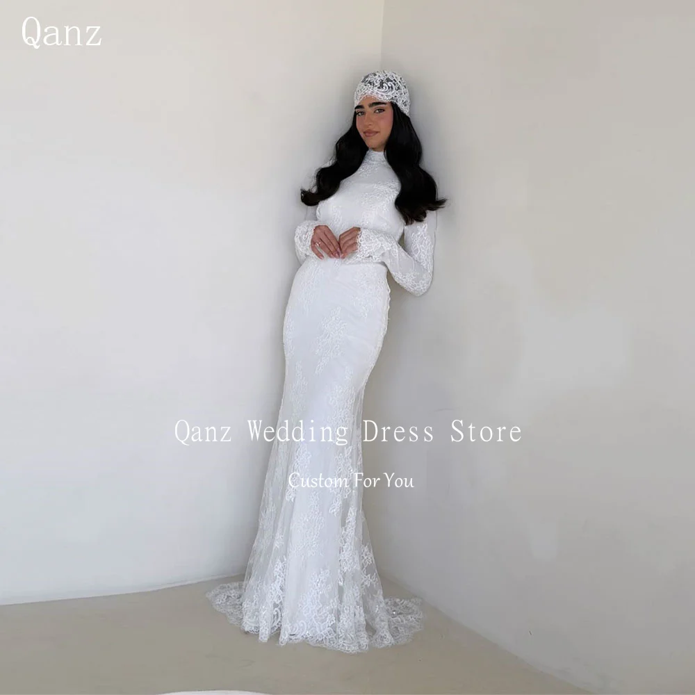 Qanz Bohemio White Wedding Dresses Mermaid Long Sleeves Lace Appliques Vestido De Novia High Neck Robe De Mariée Customized