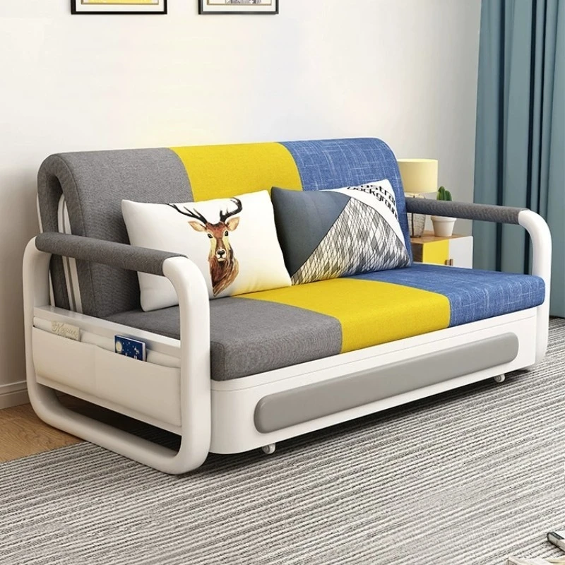 أريكة سرير مزدوجة الأغراض قابلة للطي متعددة الوظائف، غرفة معيشة صغيرة، شقة حديثة وبسيطة، تخزين من الخشب الصلب قابلة للطي