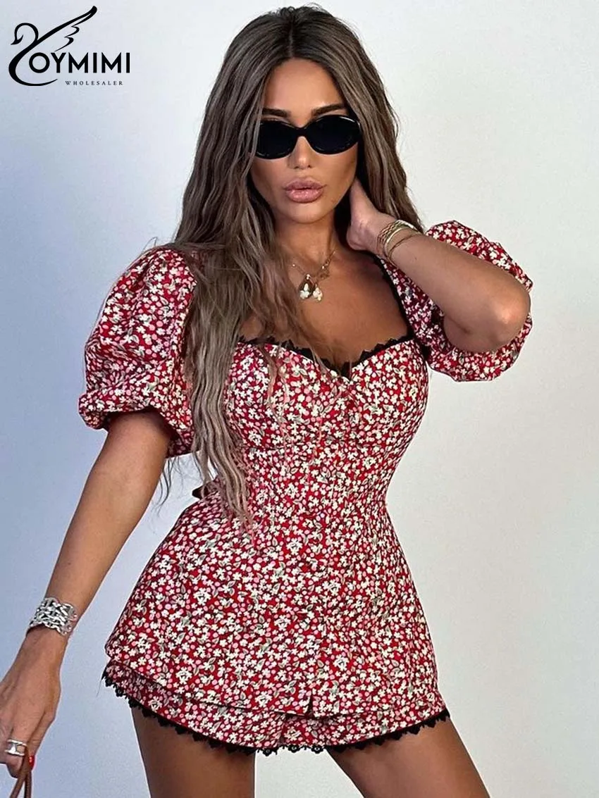 Oymimi Summer Red Print Two Piece Sets For Women Elegant V-Neck Short Sleeve Lace Blouses And High Waisted Shorts Female Sets