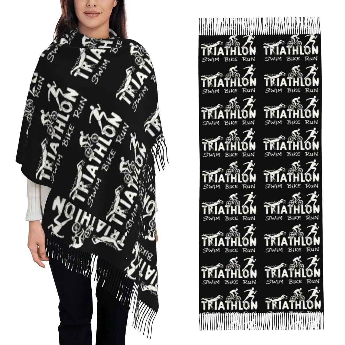 Triathlon Swim Bike Run Athlete Scarf Tassel Scarves Women Soft Warm Shawls and Wraps Large Fall Winter Shawl Wrap