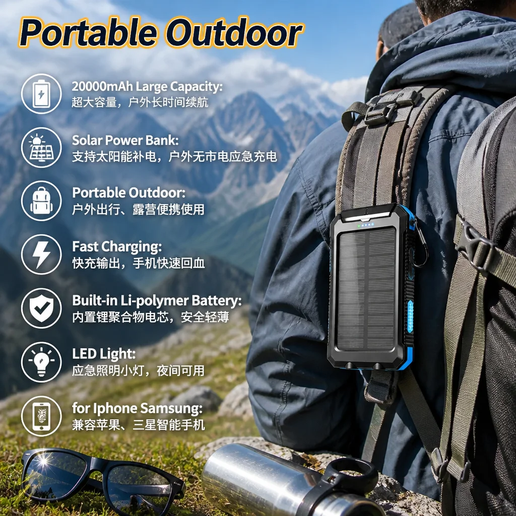 20000mAh Solar Power Bank Large Capacity Outdoor Portable Fast Charging Li-Polymer Battery With LED Light For iPhone Samsung