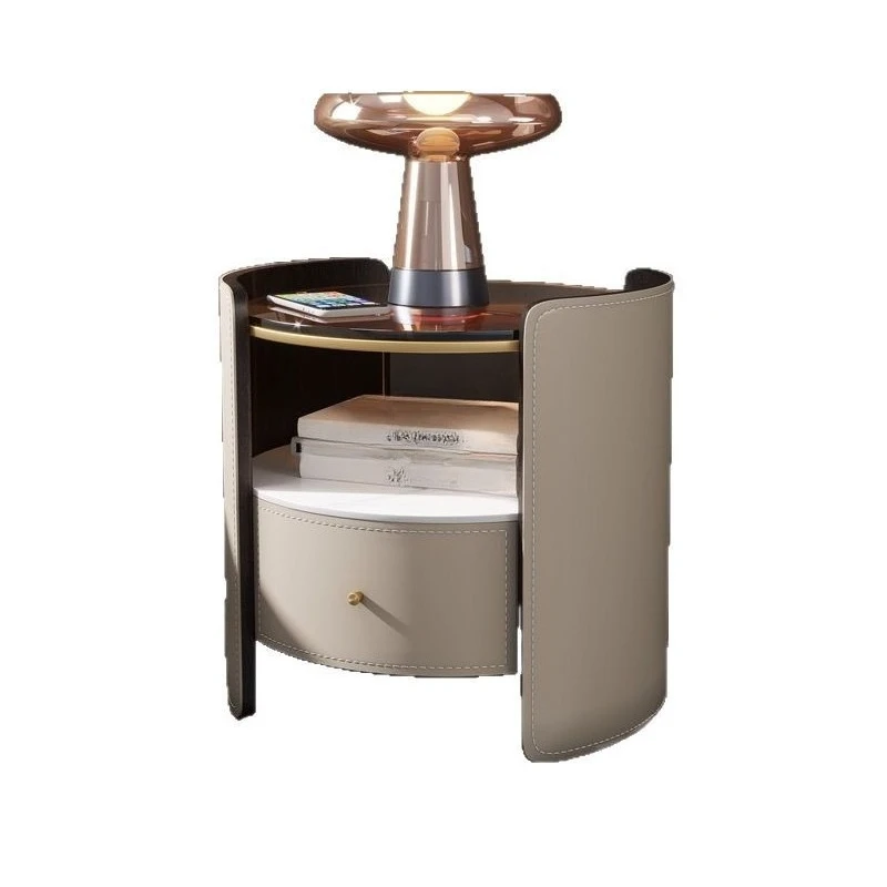 

Round, high-end, saddle leather, all solid wood, bedside table, modern, simple, light luxury, storage, cabinet