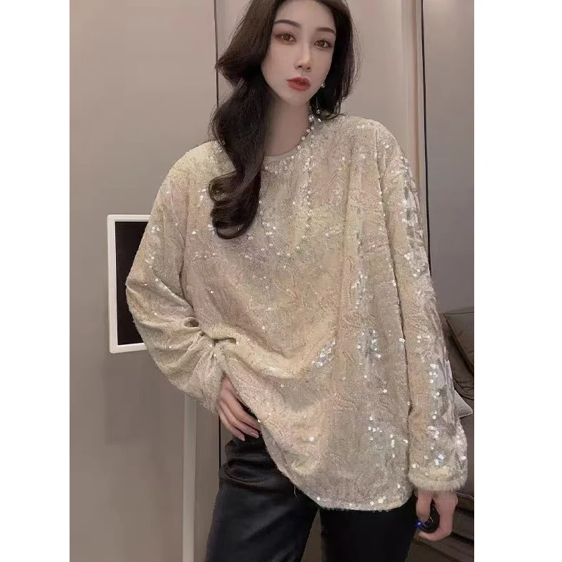 Superior Quality Spring and Autumn Fashion O-Neck Velvet Embroidered sequin Design Long Sleeve Loose Shirt Women S-XL