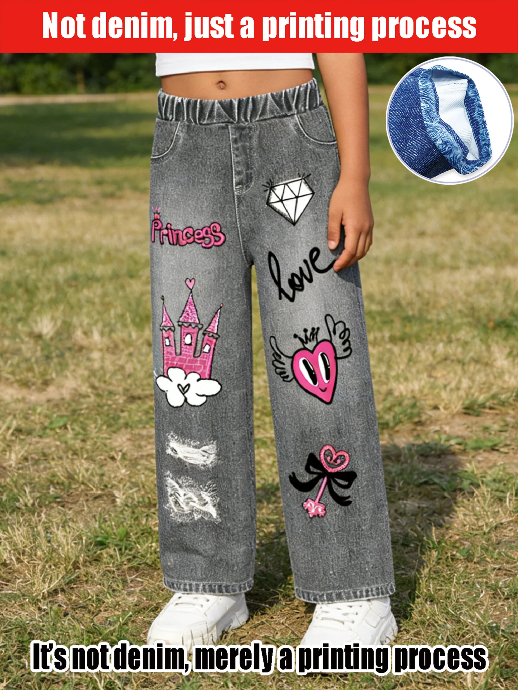 

2026 Children's Gray Faux Denim Wide-Leg Pants Distressed Holes + Pink Princess Castle Print