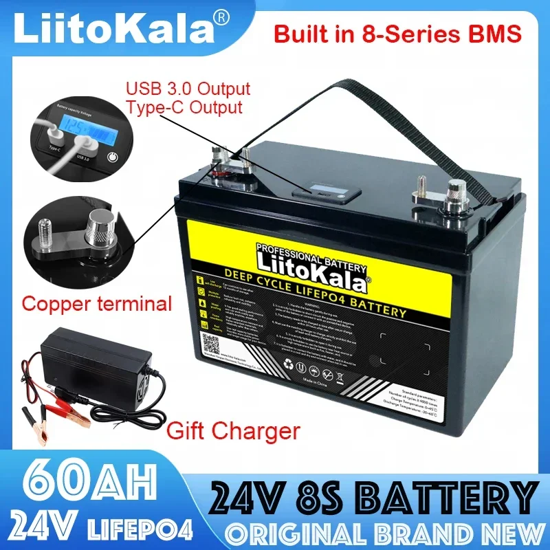 LiitoKala 24V 60Ah LiFePO4 Battery 8s Lithium Iron Phosphate with BMS for Golf cart Travel Car lighter Batteries 29.2V Duty-free