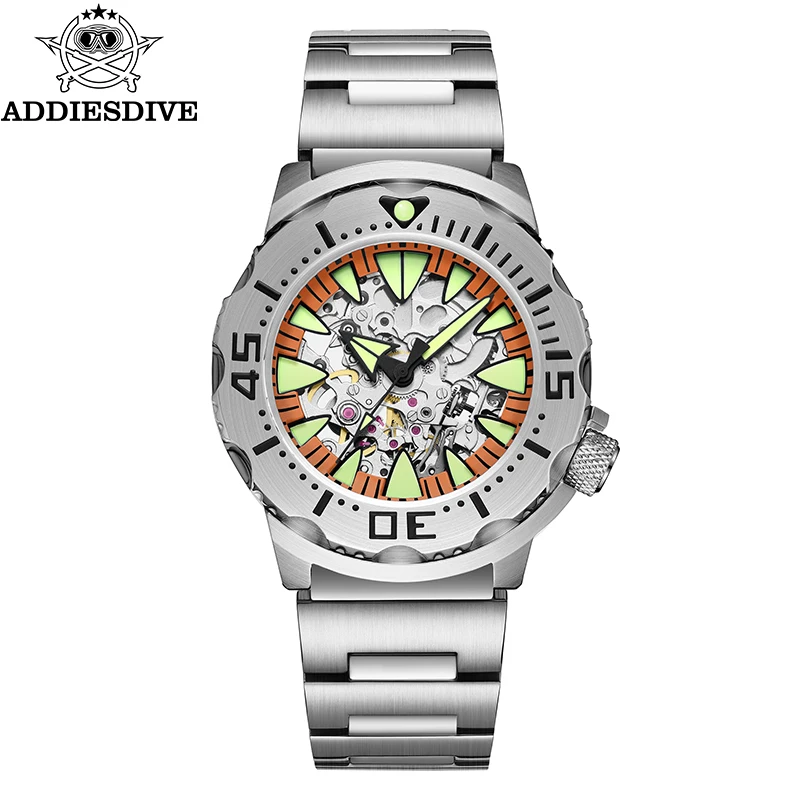 Addiesdive Luxe Heren Skeleton Automatisch Horloge Saffierglas BGW9 Lichtgevende Duikhorloge 200M Mannen Analoge Mechanische Horloges