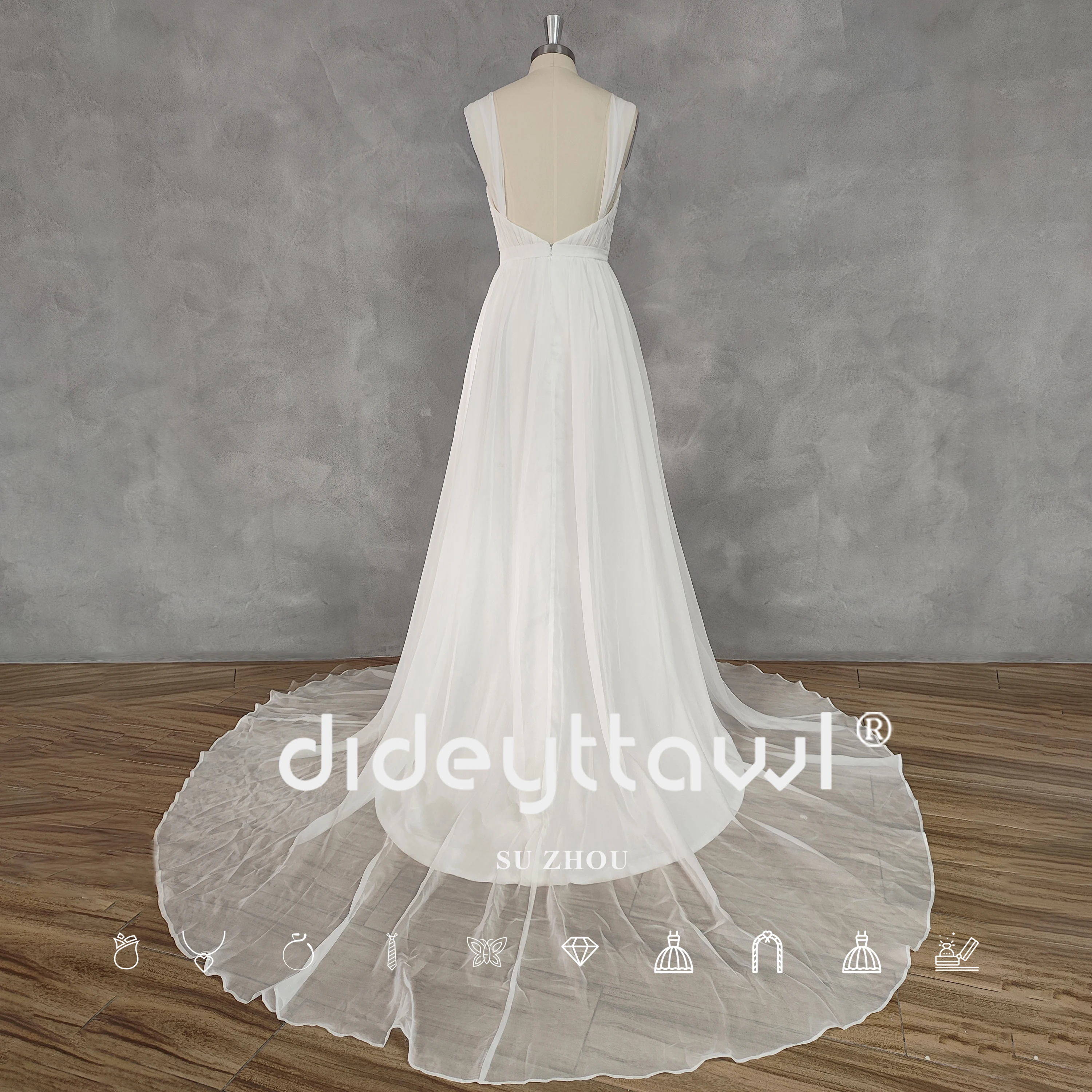 DIDEYTTAWL Real Picture V-Neck Pleats A-Line Cut Out Chiffon Wedding Dress Open Back Court Train Bridal Gown Custom Made