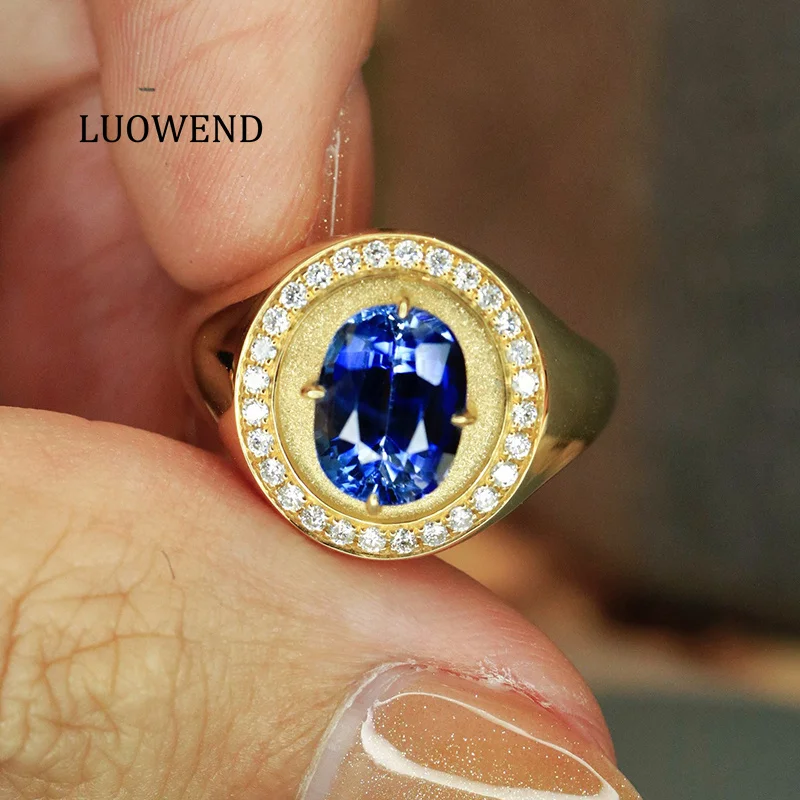 LUOWEND 100% 18K Yellow Gold Rings Vintage Palace Style Luxury Diamond Natural Sapphire Ring for Women Senior Banquet