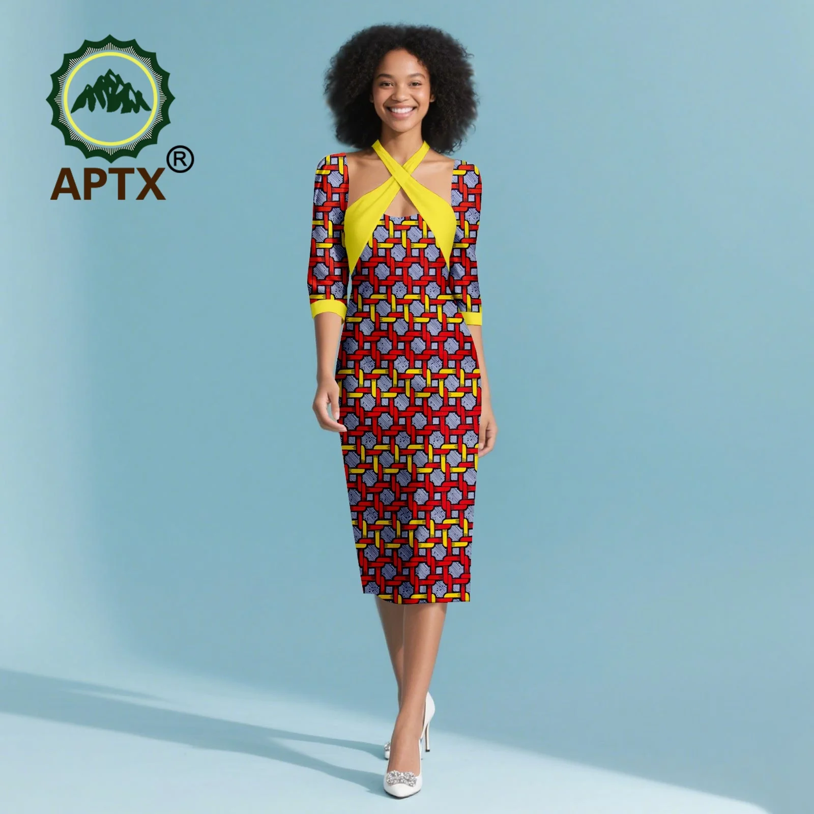 African Dress for Women Ankara Print Women's V-Neck Half Sleeve Mid-Calf Patchwork Dress Dashiki Casual Party Attire
