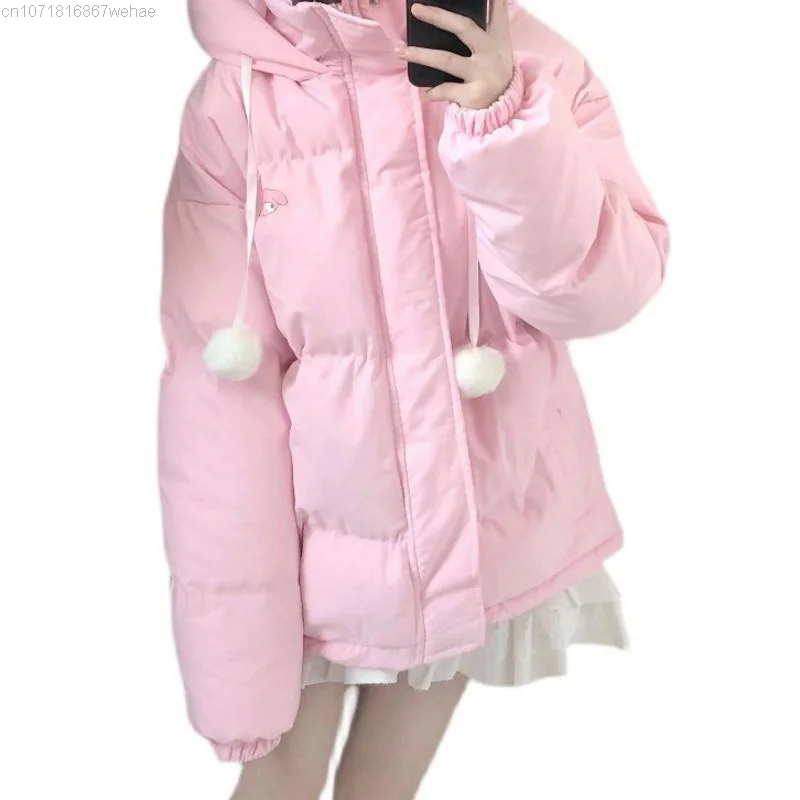 Sanrio Melody Kawaii Sweet Pink Down Coat for Women Y2k Trendy Parkas Korean Style Winter Hooded Cotton Padded Jacket Clothes