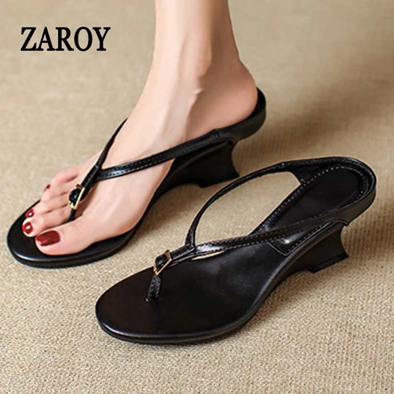 

Round Clip Toe Women Slippers 6cm Wedges High Heels Summer Footwear Brand Designer Narrow Band Buckle Slides Sandals Flip Flops