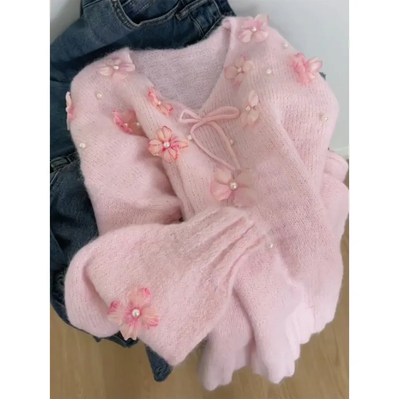 Women V Neck 3D Floral Knit Cardigan Autumn Winter Loose Slim Fit Sweater Outerwear Top