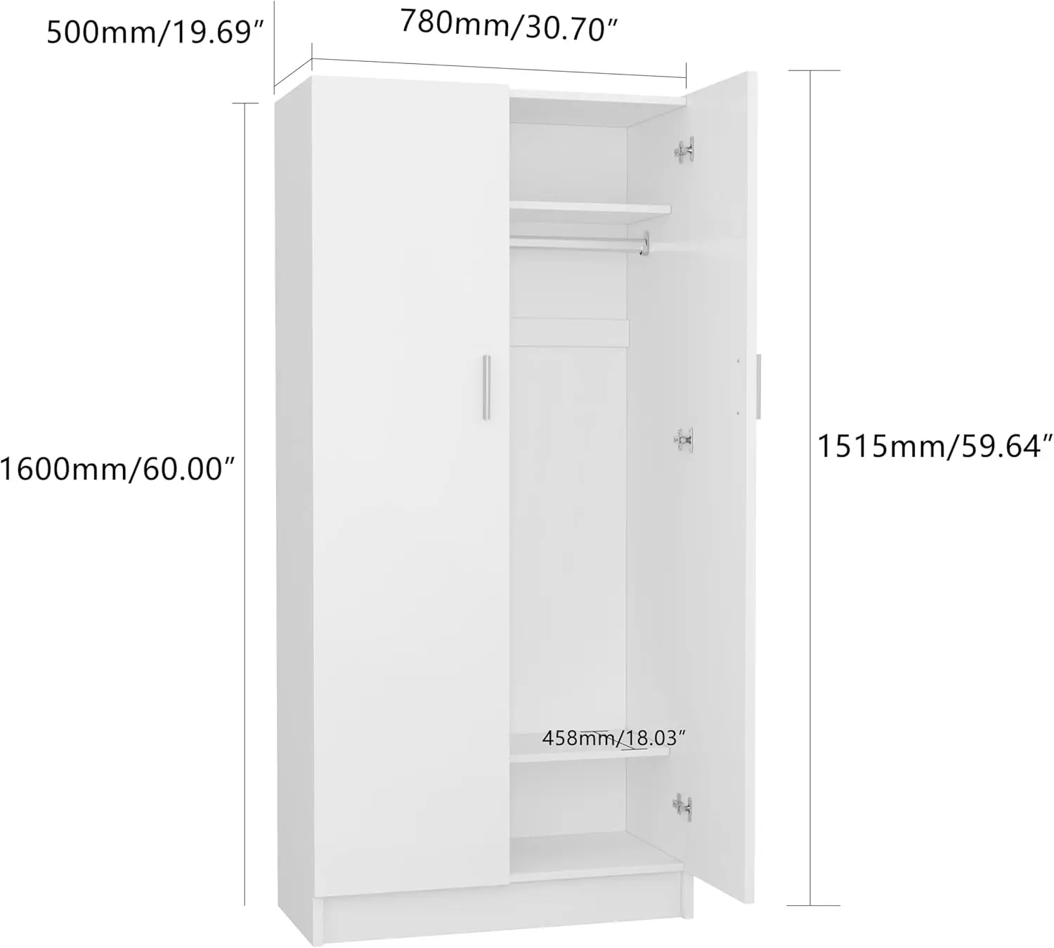 2 Door Bedroom Wardrobe Closet Bedroom Armoires Home Furniture for Storage (White)