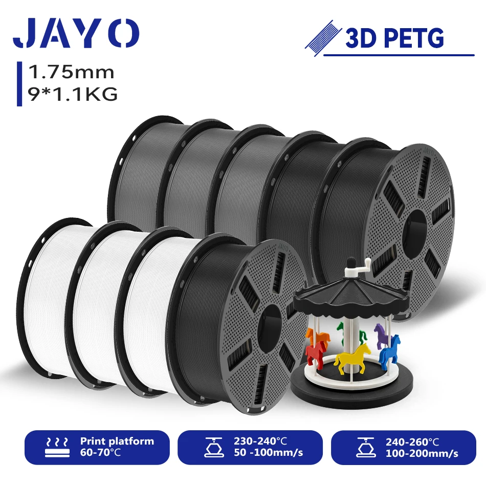 JAYO 9,9 kg 3D PETG/PETG Klares Druckerfilament 1,75 mm ±0,02 mm Hohe Zähigkeit & 100 % ordentlich gewickeltes 3D-Druckfilament, passend für 99 % der 3D-Drucker