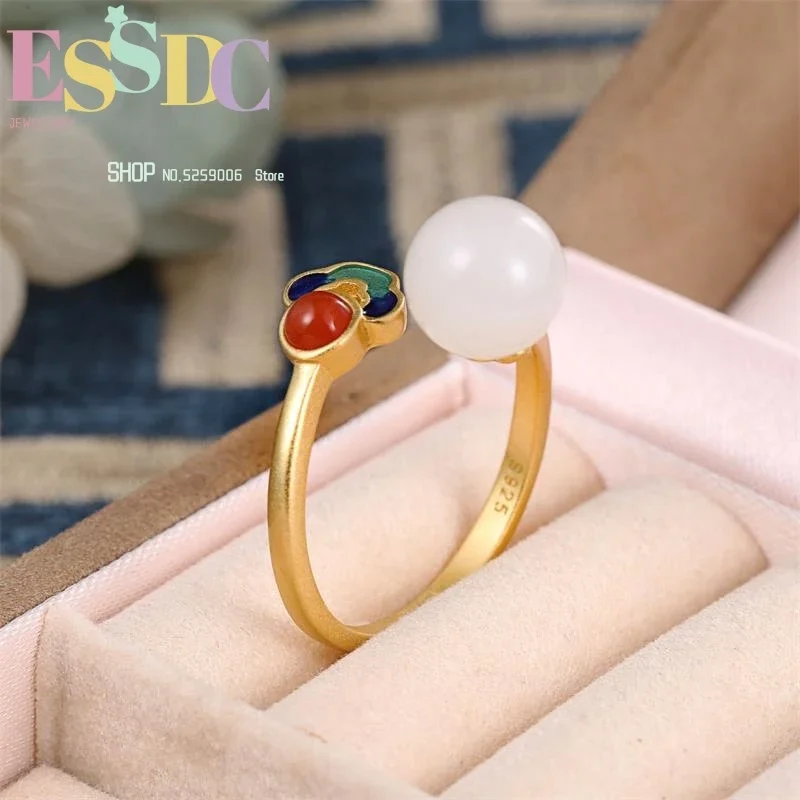 

S925 Sterling Silver Hetian White Jade Ring Gold-plated Open National Court Style South Braised Blue Round Beads