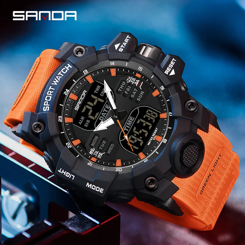 SANDA Men Quartz Watches G Style Military Sports LED Digital Men\'s Watches Outdoor Waterproof Dual Display Wristwatch Male