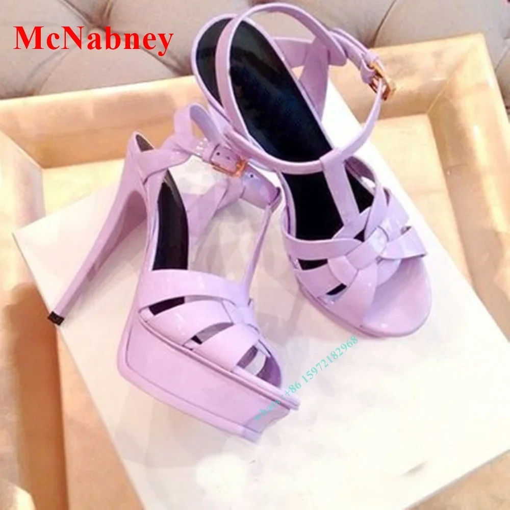 New Style Summer Knot Sandals Open Toe Platform Solid Patent Ankle Buckles Stiletto Heel Sandal Design Shoes Women Party Dress