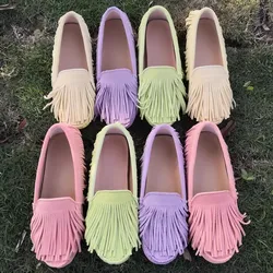 New Real Leather Tassel Covered Flat Ballet Shoes Round Toe Comfortable Leisure Shoes Fringed Moccasin Gommino Shoes