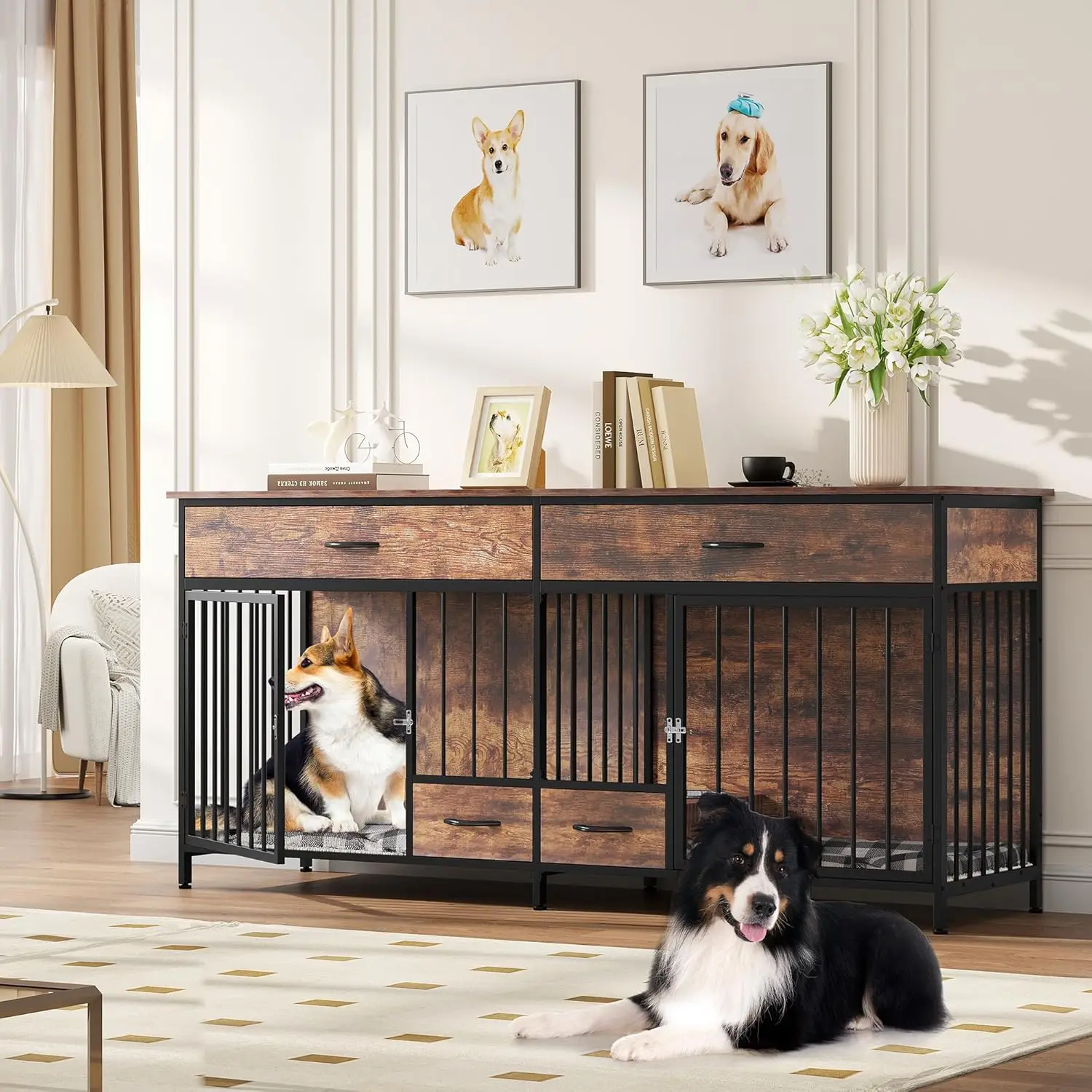 Double Dog Crate Móveis com Alimentador, Indoor Dog Kennel, grande raça com armazenamento, mesa de madeira TV Stand, marrom rústico, 74,8"