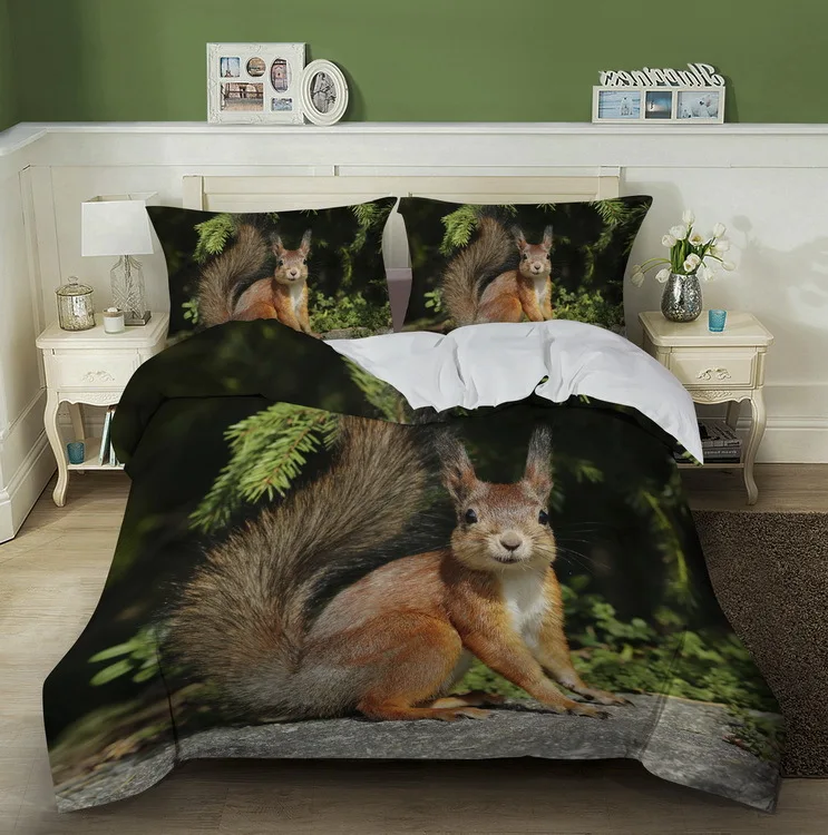 

Squirrel Duvet Cover Set King/Queen Size,Kids Boys Lovely Animal Bedding Set,Cute Squirrel Polyester Quilt Cover on Green Branch