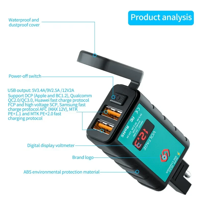 أحدث قابس SAE للدراجات النارية إلى USB شاحن الهاتف المحمول المزدوج QC3.0 شاحن مربع الفولتميتر مقاوم للماء