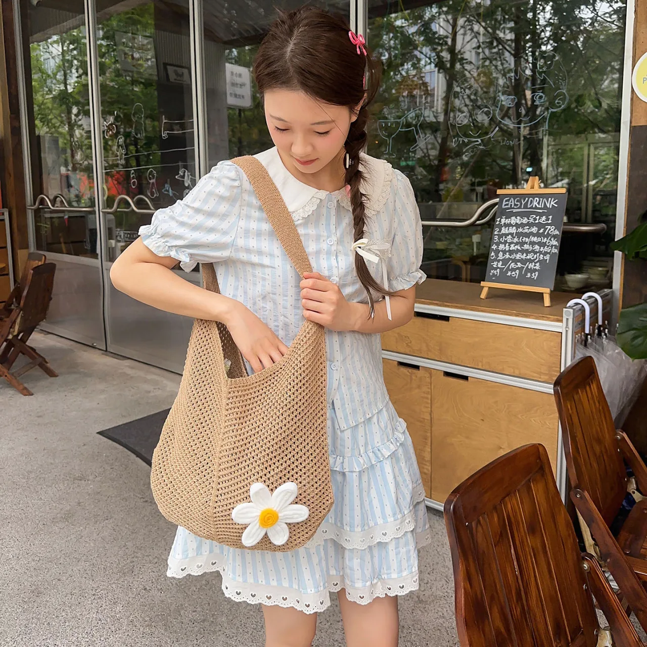 Women Woven Tote Bag Cotton Knitted Open Top Handbag Female Mesh Crochet Crossbody Purse For Summer Beach Daily Shopping