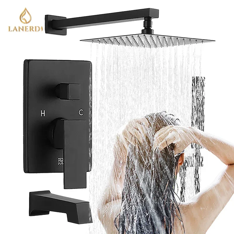 3 Way Diverter Black Shower System Set Brass Concealed Bath Shower Faucet With Tub Spout Douche Shower Set Bathroom